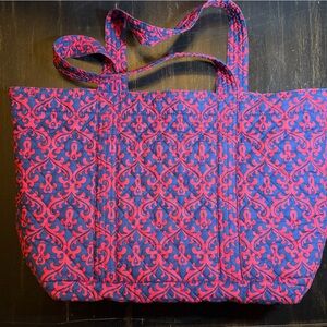 ~Quilted Koala~Large Blue & Red Damesk Quilted Double Strap Tote